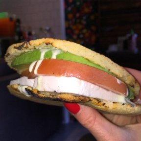 Gluten-free caprese arepa from Patacon Pisao